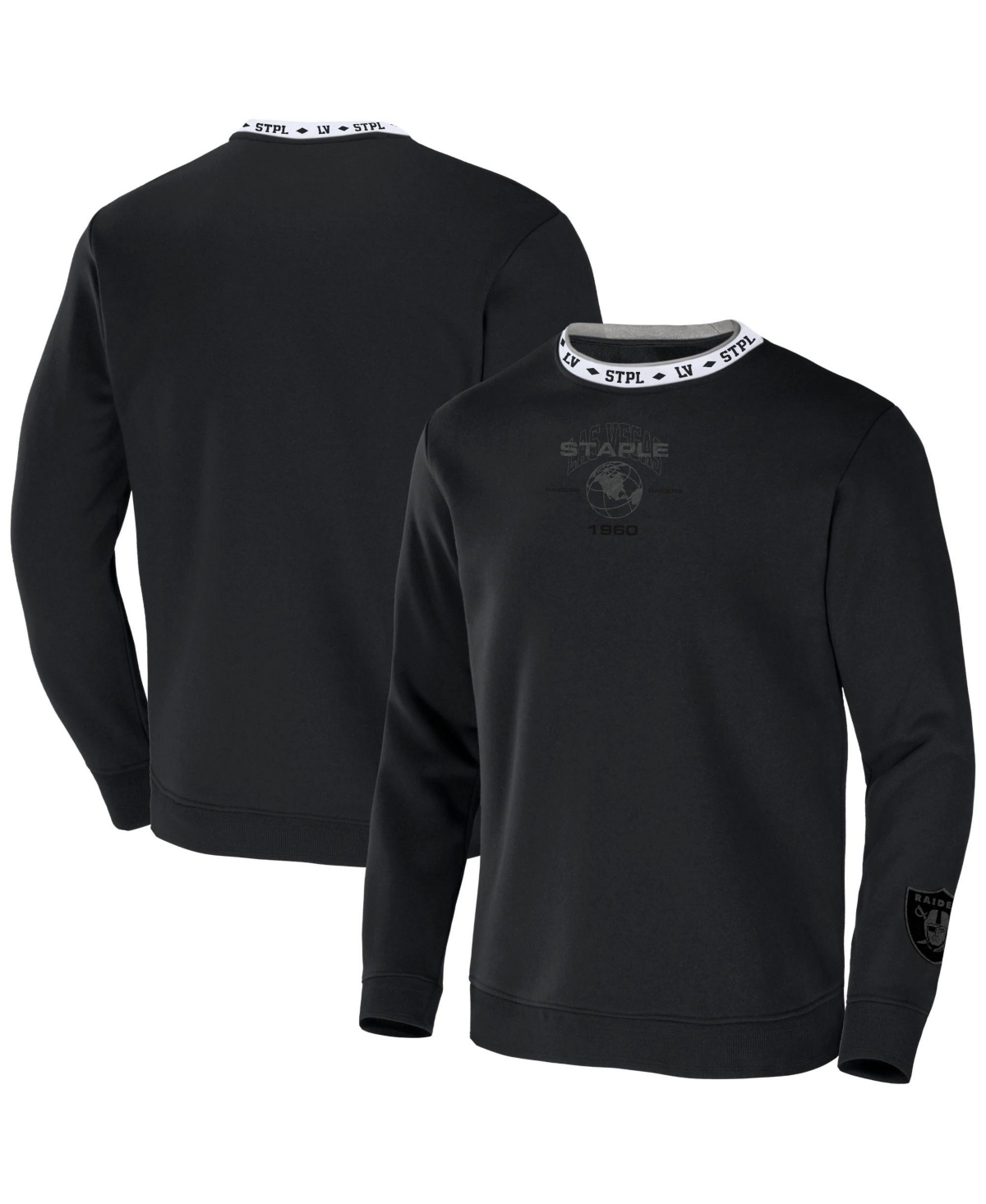 Men's Nfl X Staple Black Las Vegas Raiders Embroidered Fundementals Globe Pullover Crew Sweatshirt - Black