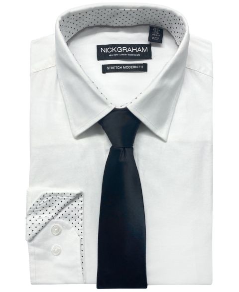 Мужские комплекты Nick Graham Modern-Fit Stretch Dress Shirt & Tonal Plaid Tie Set, цвет: Белый / Чёрный