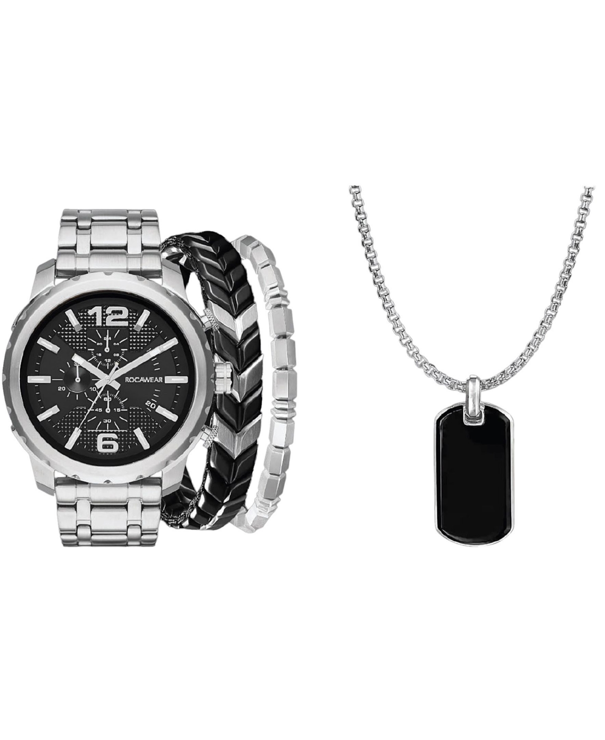Men's Shiny Silver-Tone Metal Bracelet Watch 50mm Set - Black, Shiny Silver-Tone