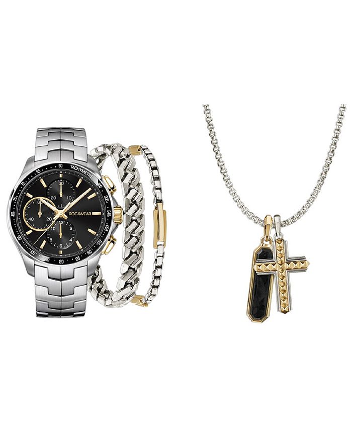 Rocawear Men s Shiny Silver Tone Metal Bracelet Watch 46mm Set