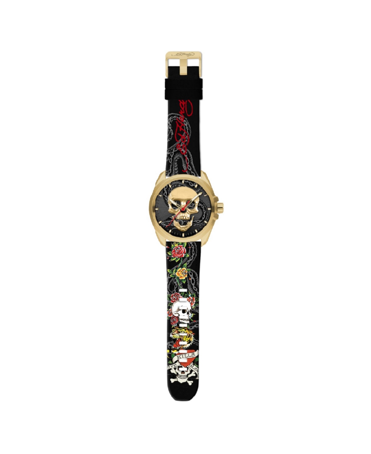Men's Matte Black Silicone Strap Watch 46mm - Gold-Tone, Multicolor Print