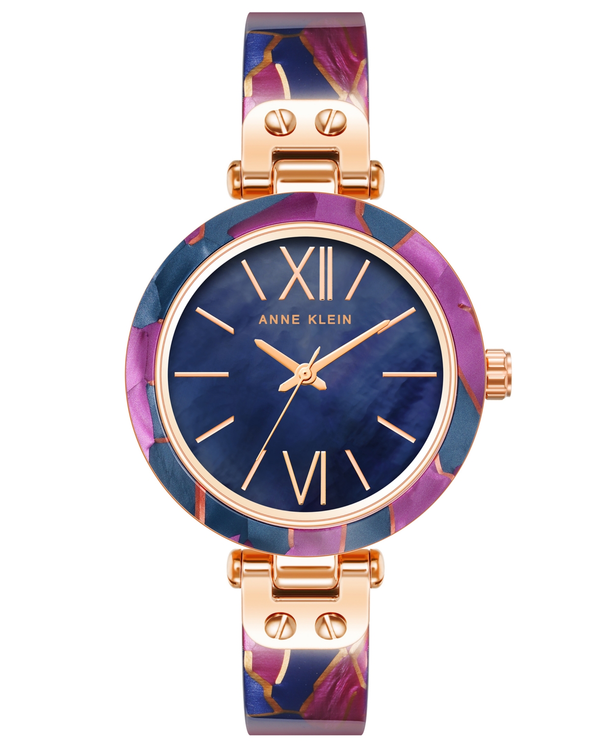 Anne Klein Women's Three-hand Quartz Navy And Purple Resin With Rose Gold-tone Alloy Accents Bangle Watch, 34mm In Rose Gold-tone,navy,purple
