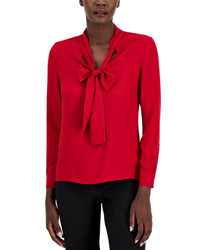 Chemise Femme Manches Longues Noire - Noeud Papillon, Détails Froncés - Taille 8 (Italie) - Occasion Très Bon état