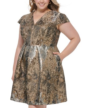 Vince Camuto Plus Size Metallic Jacquard Fit & Flare Dress in Blue