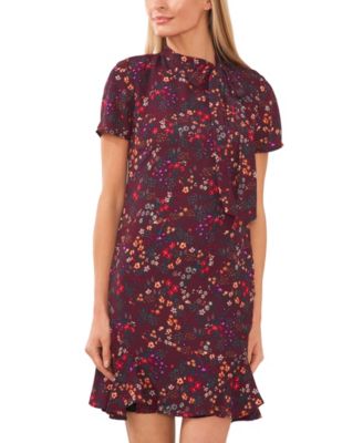 Women's Short Sleeve Printed Godet Dress With Bow Neck