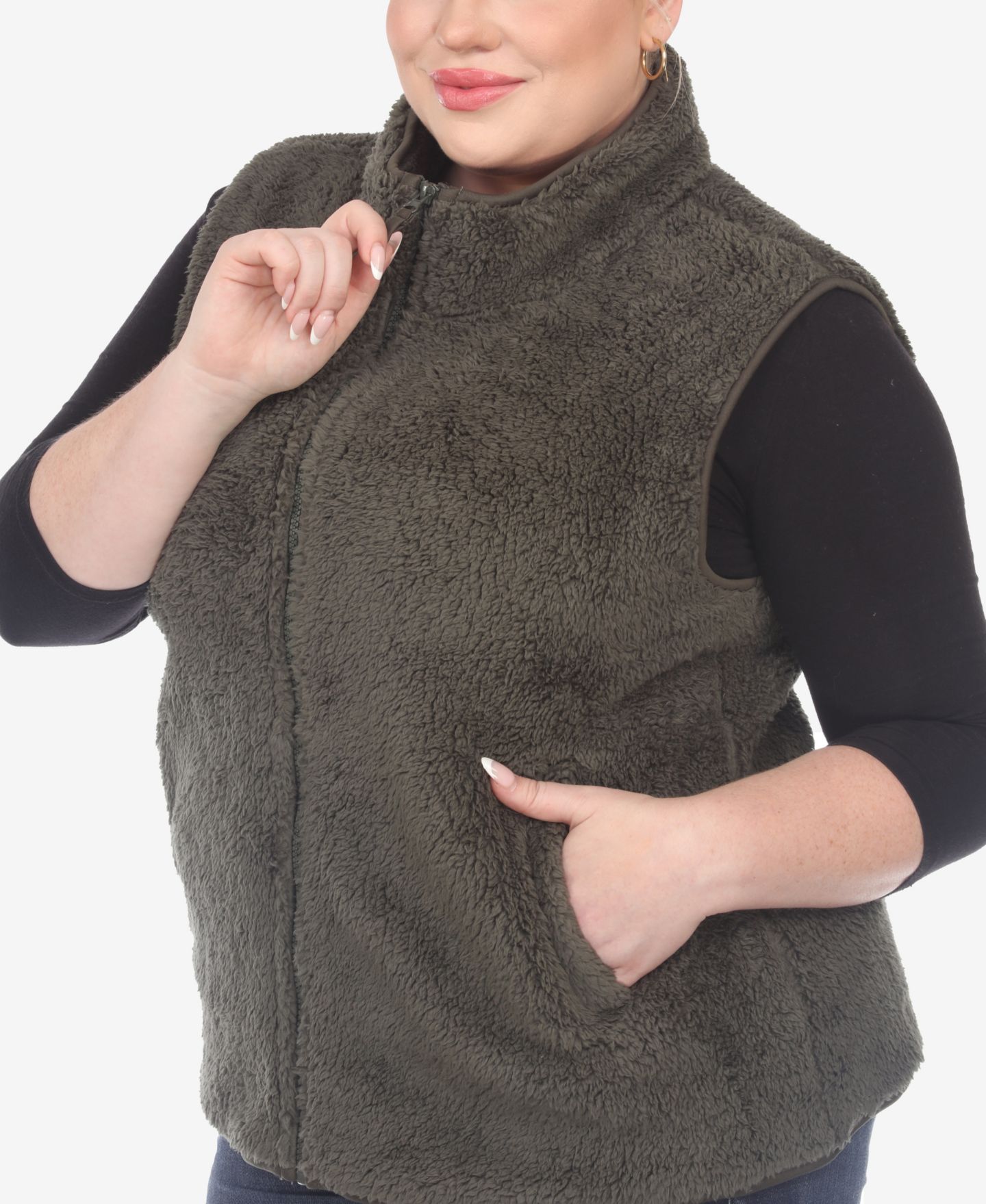Женская куртка White Mark Plus Size Zip Up Sherpa Vest, цвет: Армейский зелёный — фото 4