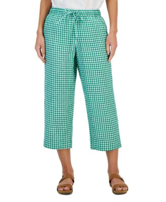 Charter Club - Women's Linen Gingham Cropped Pull-On Pants