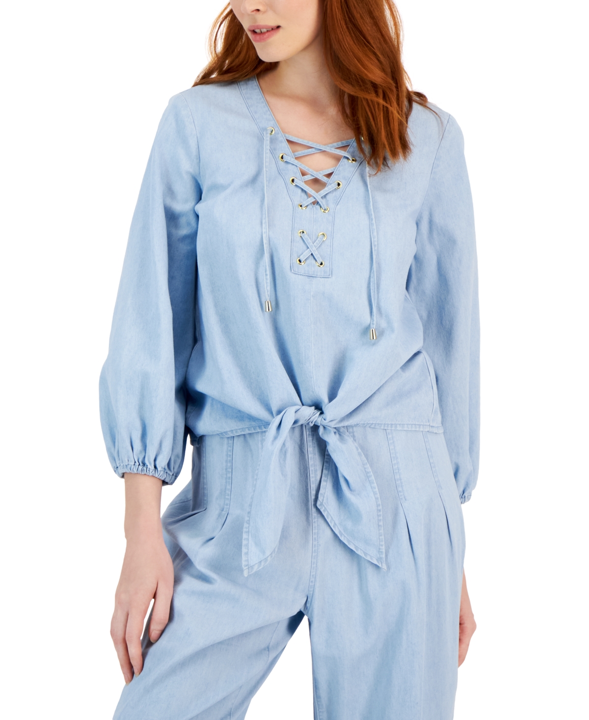 Inc International Concepts Women's Chambray Lace-Up Top, Created for Macy's