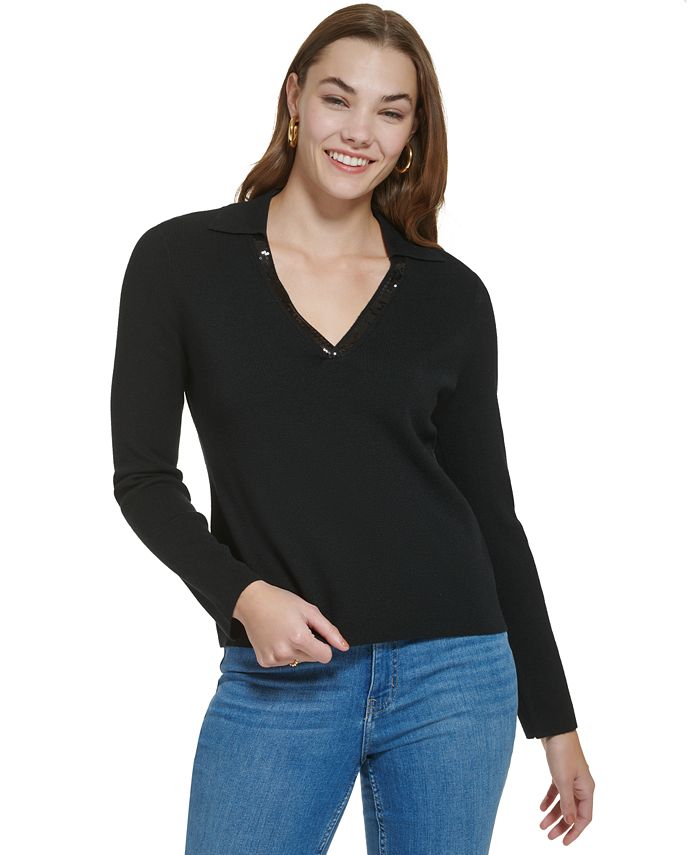 Calvin Klein Women's Sequin Trim V-Neck Sweater & Reviews - Sweaters -  Women - Macy's