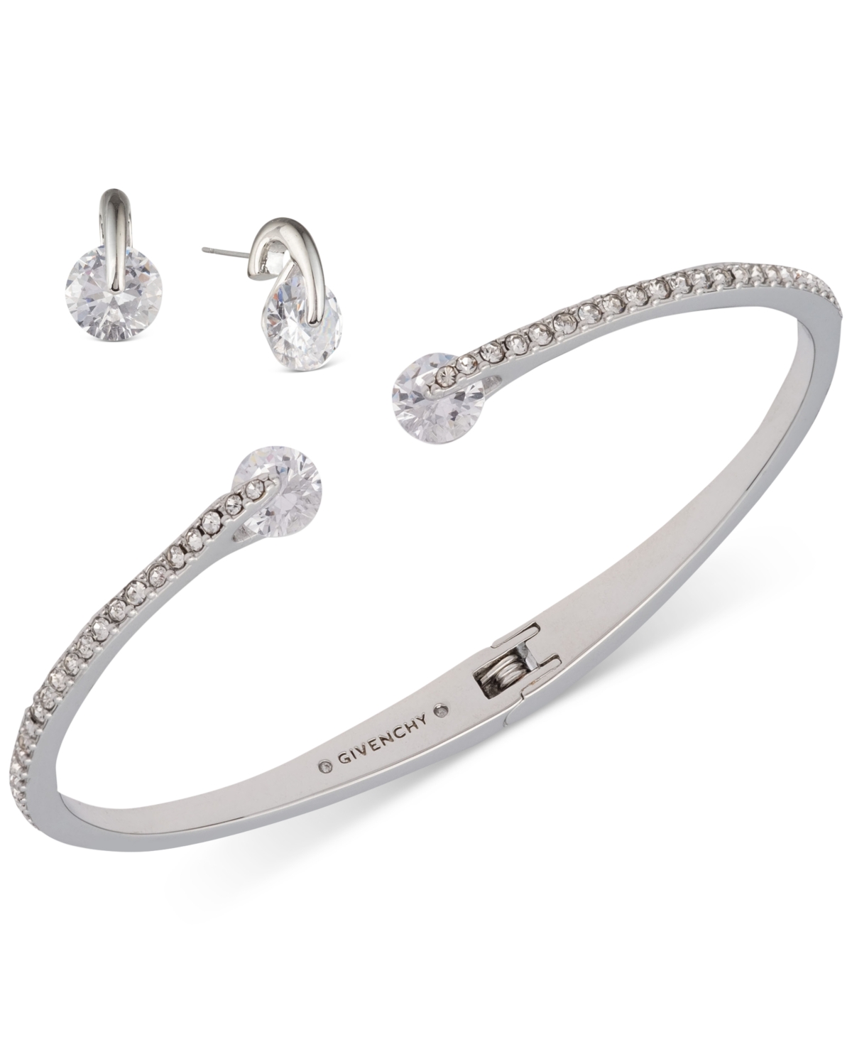 2-Pc. Set Color Floating Stone & Crystal Cuff Bangle Bracelet & Matching Stud Earrings - Silver