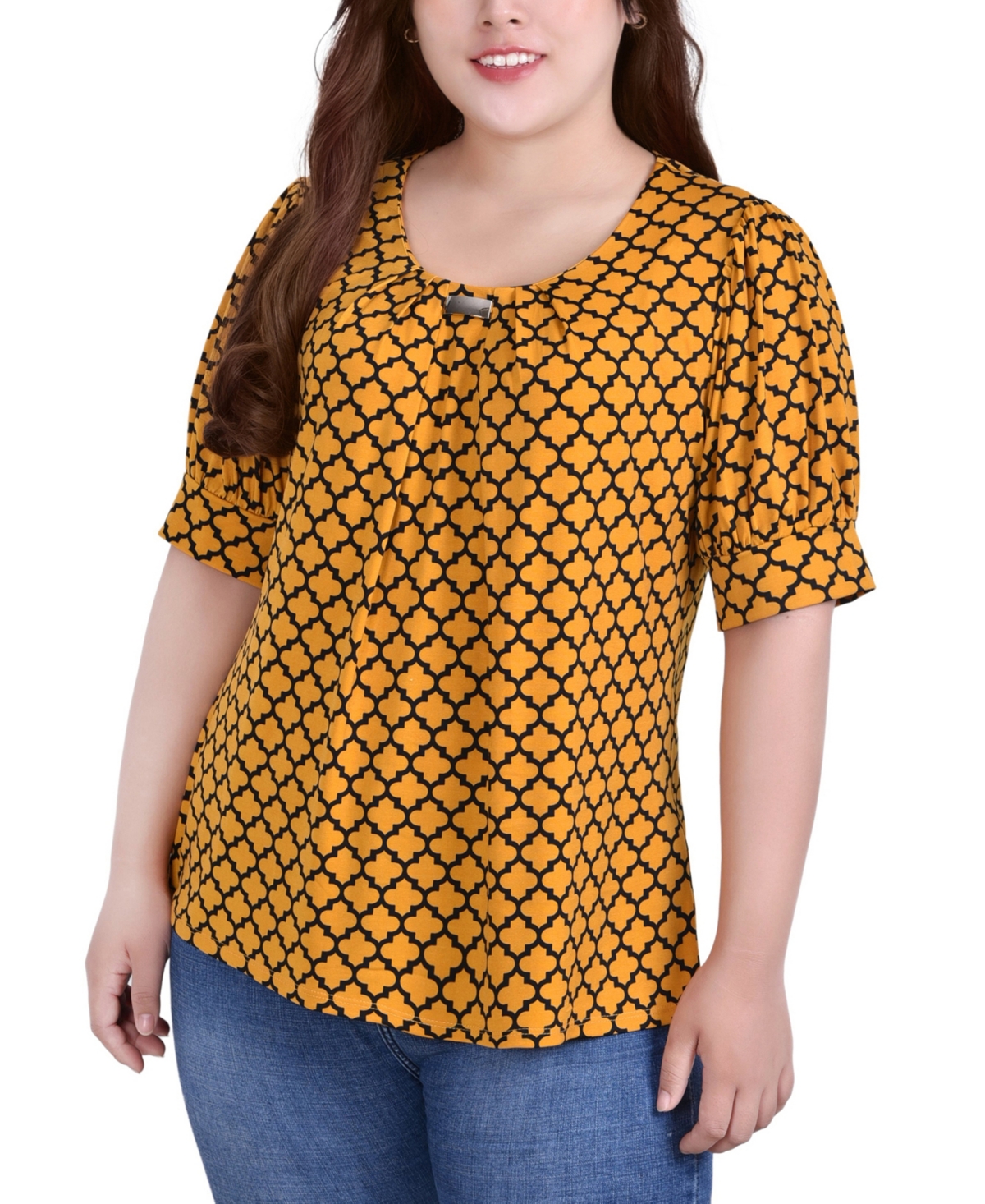 Ny Collection Petite Size Short Sleeve Balloon Sleeve Top In Golden-tone Glow,black Fleur Delis