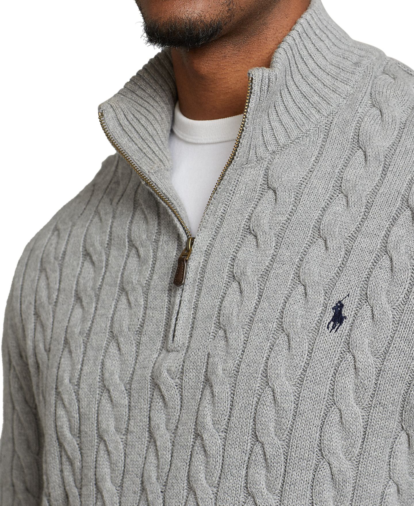 Мужской свитер Polo Ralph Lauren Big & Tall Cable-Knit Cotton Quarter-Zip, цвет: Палевый серый меланжевый — фото 12