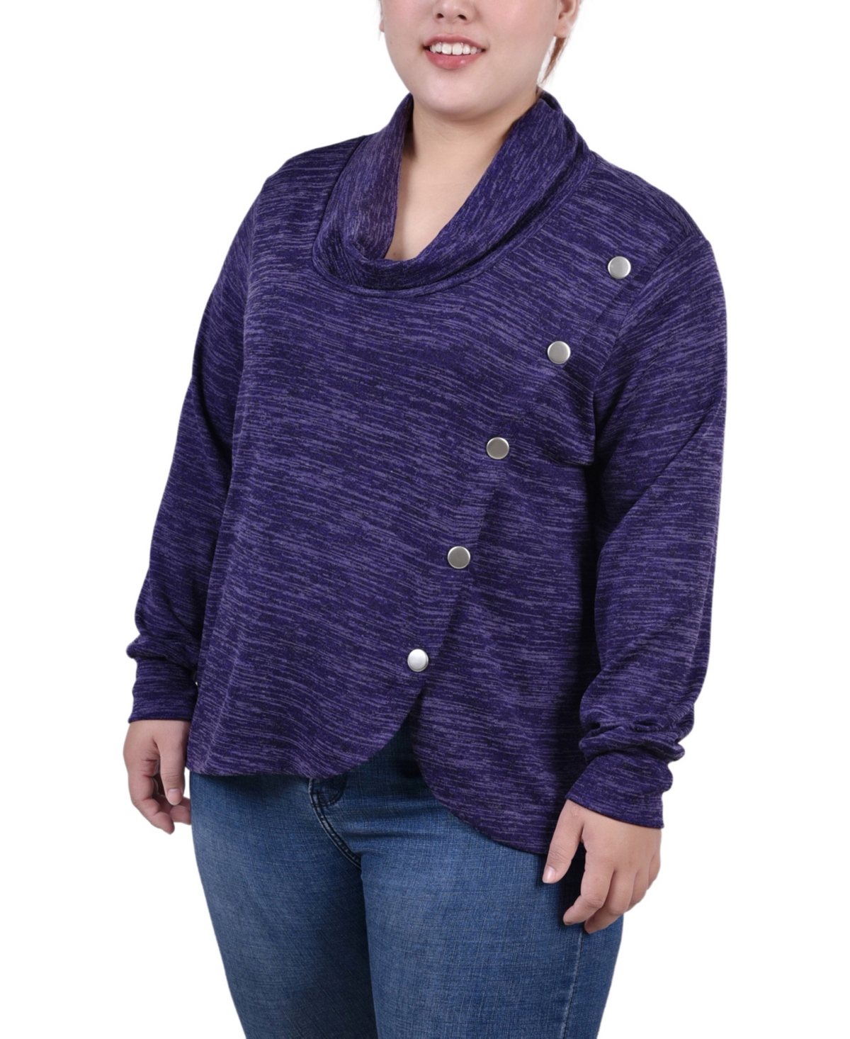 Ny Collection Plus Size Long Sleeve Overlapping Cowl Neck Top In Grape Enzoz