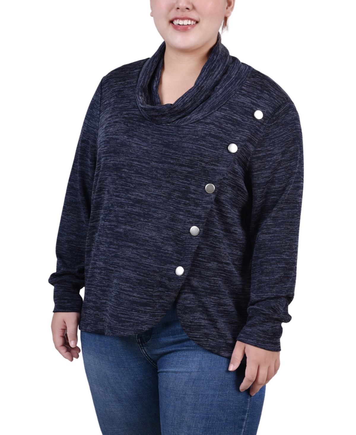 Ny Collection Plus Size Long Sleeve Overlapping Cowl Neck Top In Navy Enzoz