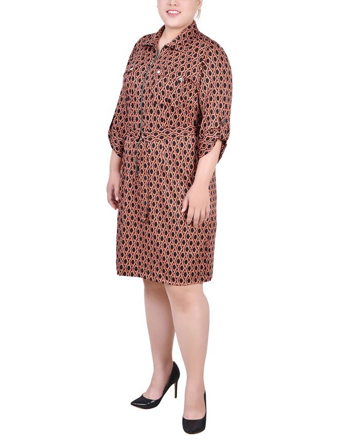 Yellow 3/4 Roll Tab Sleeve Belted Shirtdress - Plus Size