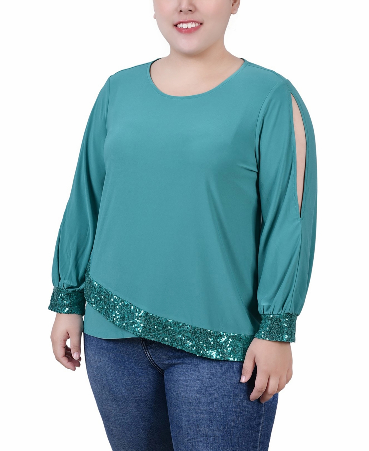 Ny Collection Plus Size Long Sleeve Knit Top In Emerald Green