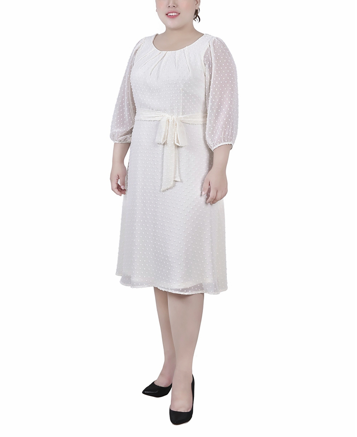 Ny Collection Plus Size 3/4 Sleeve Clip Dot Dress In Egret