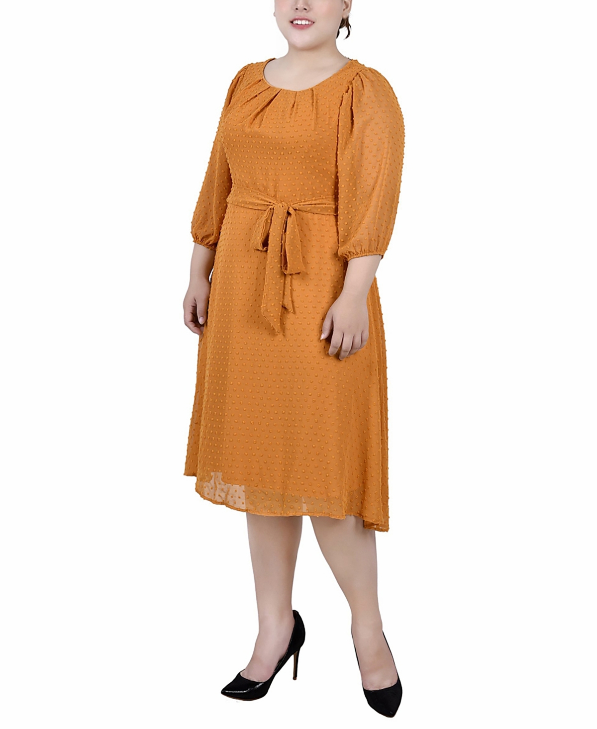 Shop Ny Collection Plus Size 3/4 Sleeve Clip Dot Dress In Inca Gold-tone