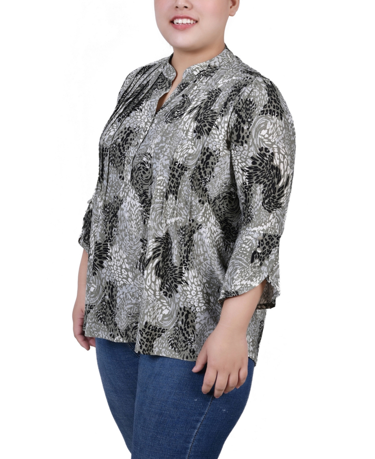Ny Collection Plus Size 3/4 Sleeve Overlapped Bell Sleeve Y-Neck Top