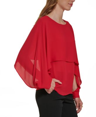 Petite Long-Sleeve Crewneck Cape Blouse