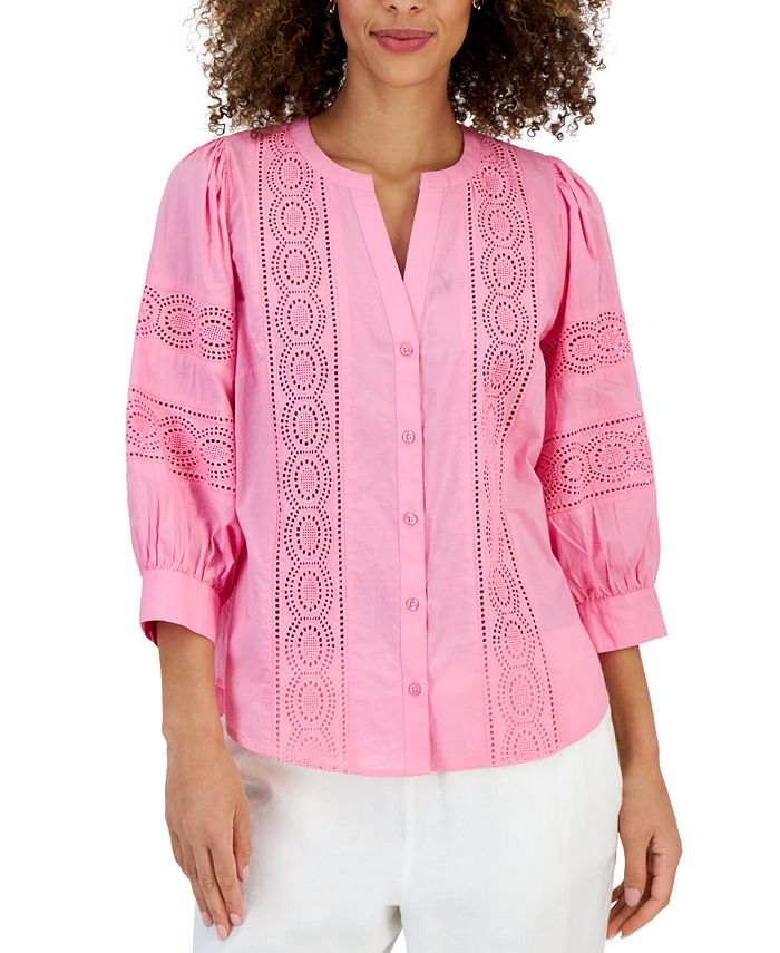 Charter Club Women's Woven Eyelet Cotton Blouse, Created for Macy's ...