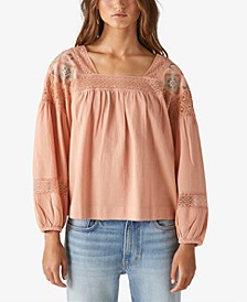 Women's Embroidered Long-Sleeve Square-Neck Top