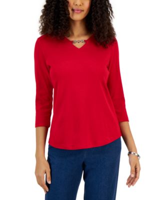 Karen Scott - Petite Cotton Chain-Embellished 3/4-Sleeve Top