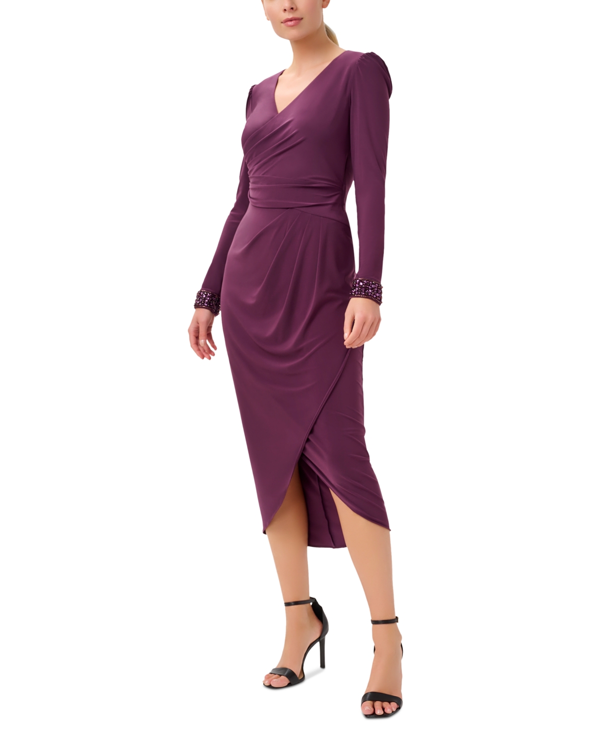 Shop Adrianna Papell Women's Jersey Long-sleeve Wrap Midi Dress In Rich Shiraz