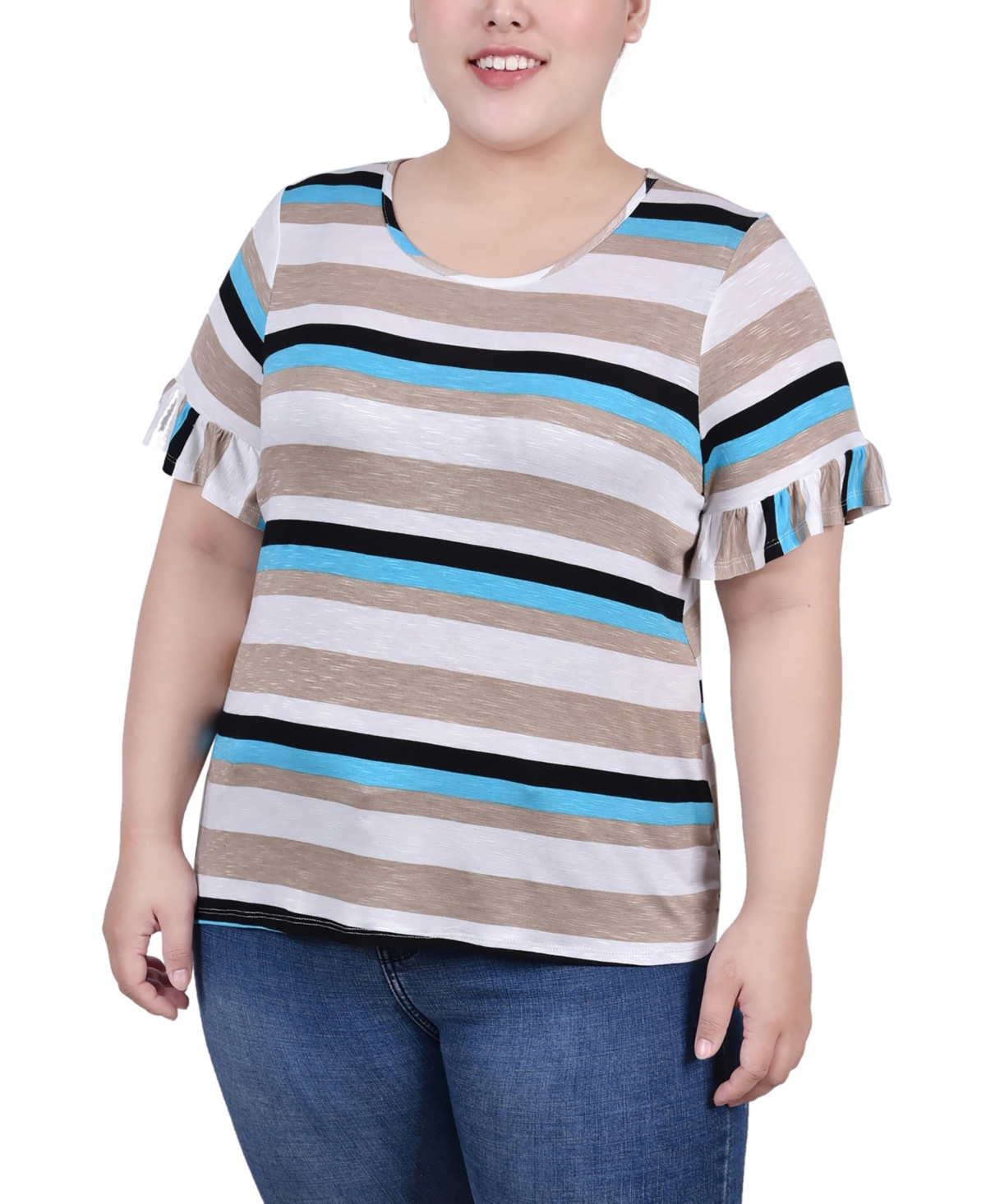 Ny Collection Plus Size Short Sleeve Striped V-neck Top In Turquoise Multi Stripe