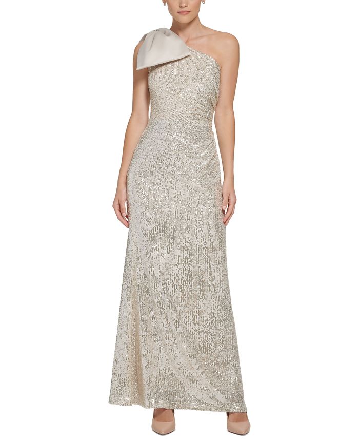 Eliza J Petite One Bow Shoulder Sequin Satin Gown Macy s