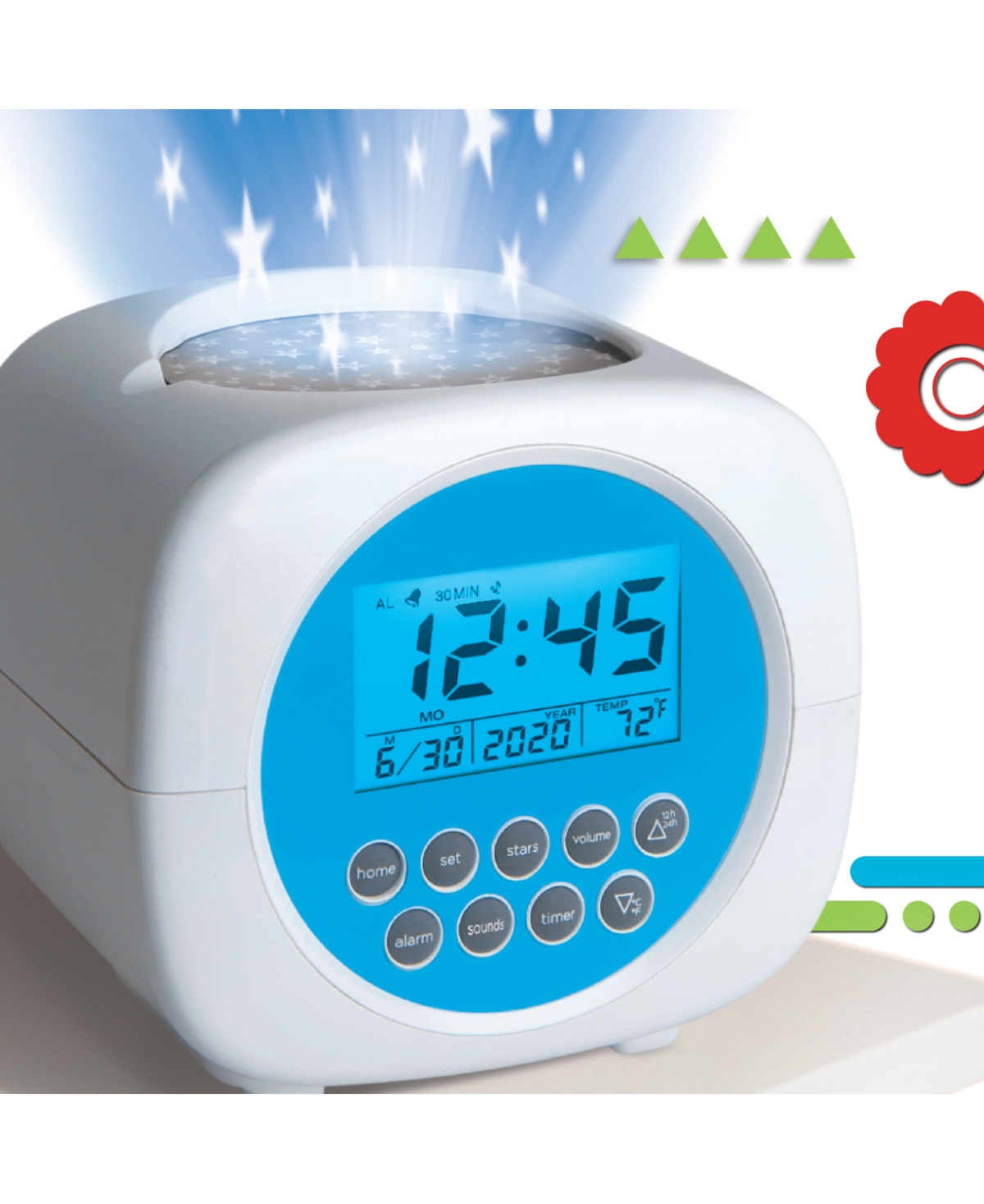 Discovery Moon & Stars Projection Alarm Clock & Sound Machine In White