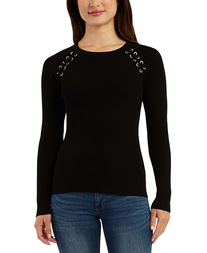 BCX Juniors' Grommeted Lace-Up-Shoulder Ribbed Sweater - Macy's