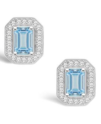 Aquamarine (1 ct. t.w.) and Diamond (1/5 ct. t.w.) Halo Studs in Sterling Silver