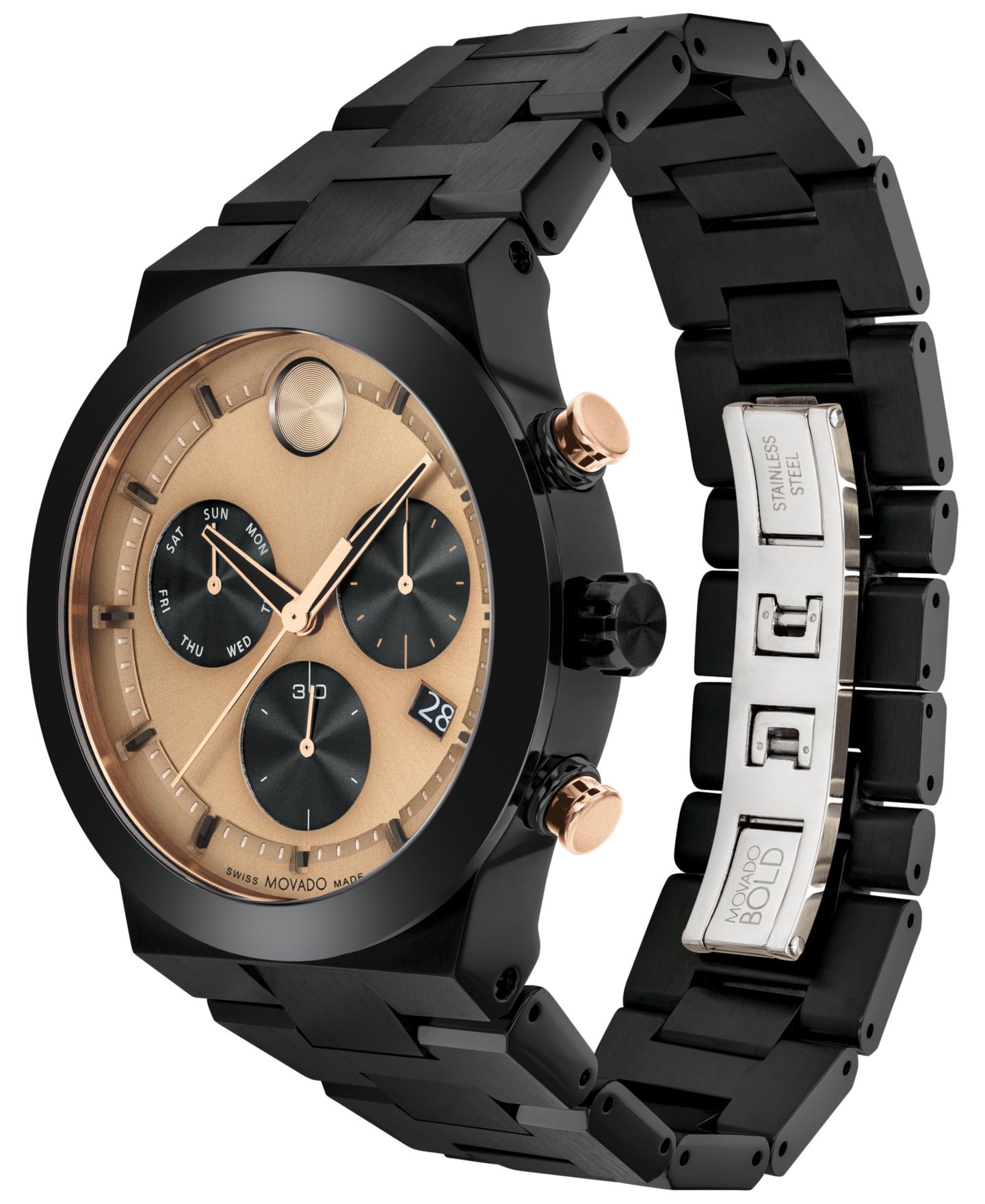 Мужские часы Movado Bold Fusion Swiss Quartz Chronograph Ionic Plated Black Steel Bracelet Watch 44mm — фото 2