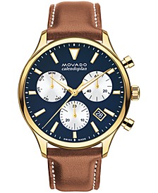 Men's Heritage Calendoplan Swiss Quartz Chronograph Cognac Genuine Leather Strap Watch 43mm