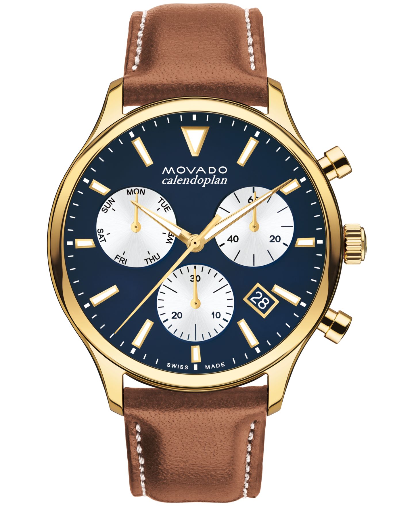 Мужские часы Movado Heritage Calendoplan Swiss Quartz Chronograph Cognac Genuine Leather Strap Watch 43mm — фото 1