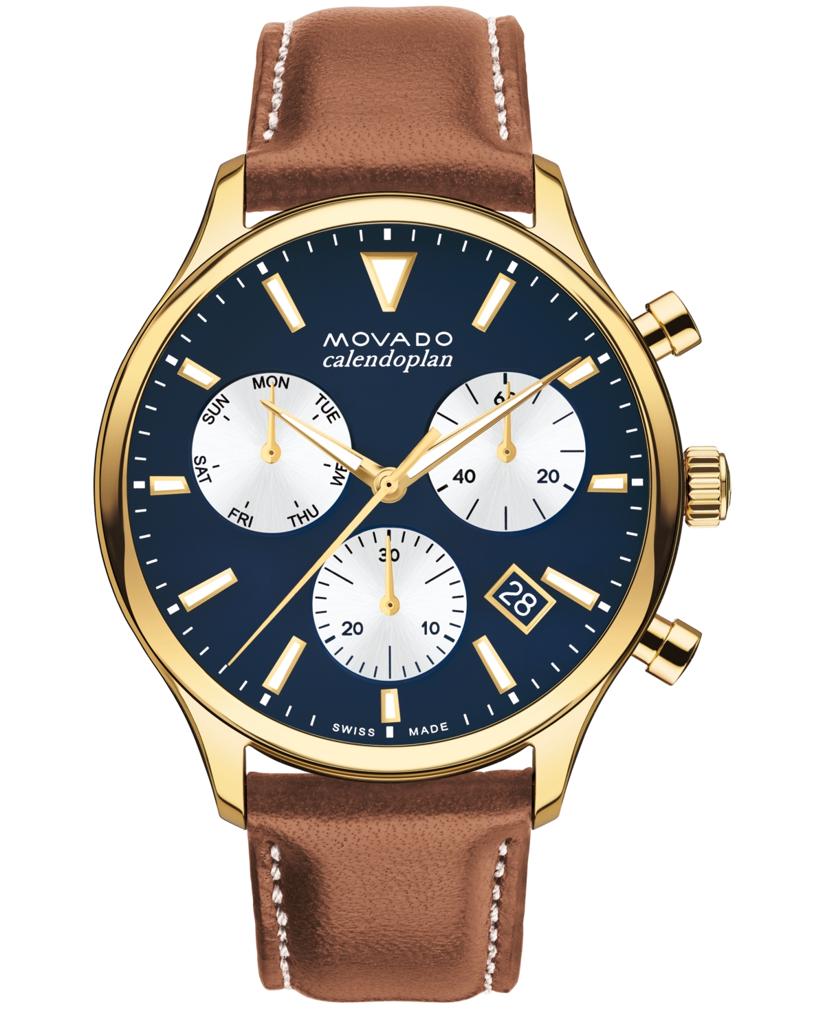 Shop Movado Men's Heritage Calendoplan Swiss Quartz Chronograph Cognac Genuine Leather Strap Watch 43mm In Brown