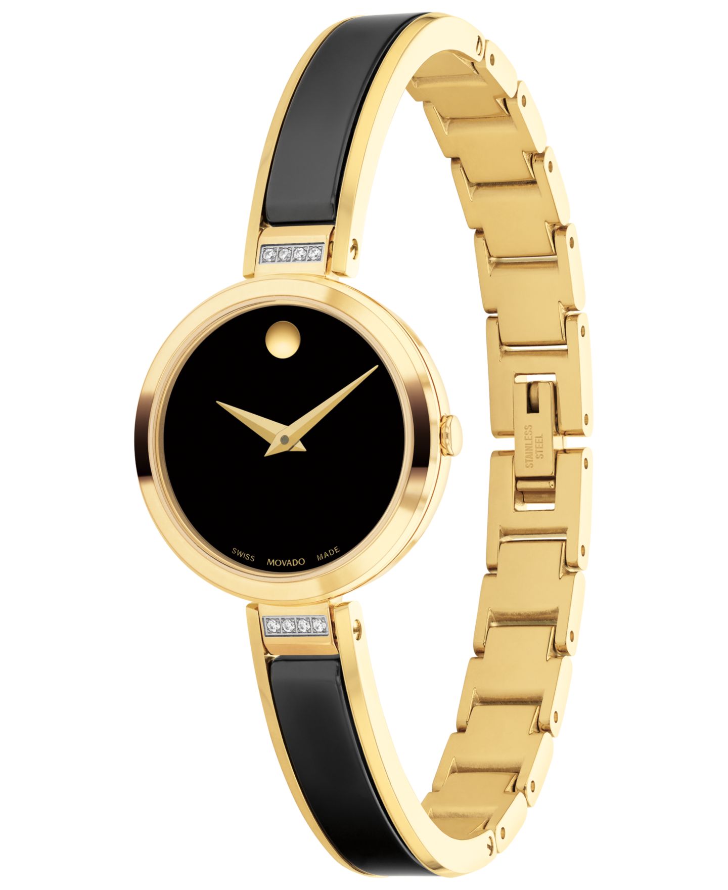 Женские часы Movado Moda Swiss Quartz Black Ceramic Yellow PVD Bangle Watch 24mm — фото 2