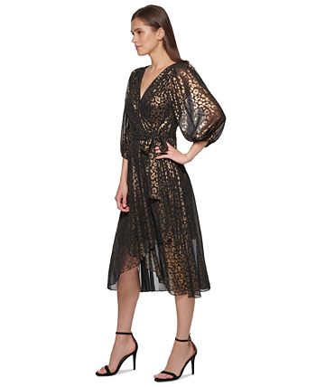 FAUX-WRAP CHIFFON DRESS WITH BLACK Sash Dark Navy