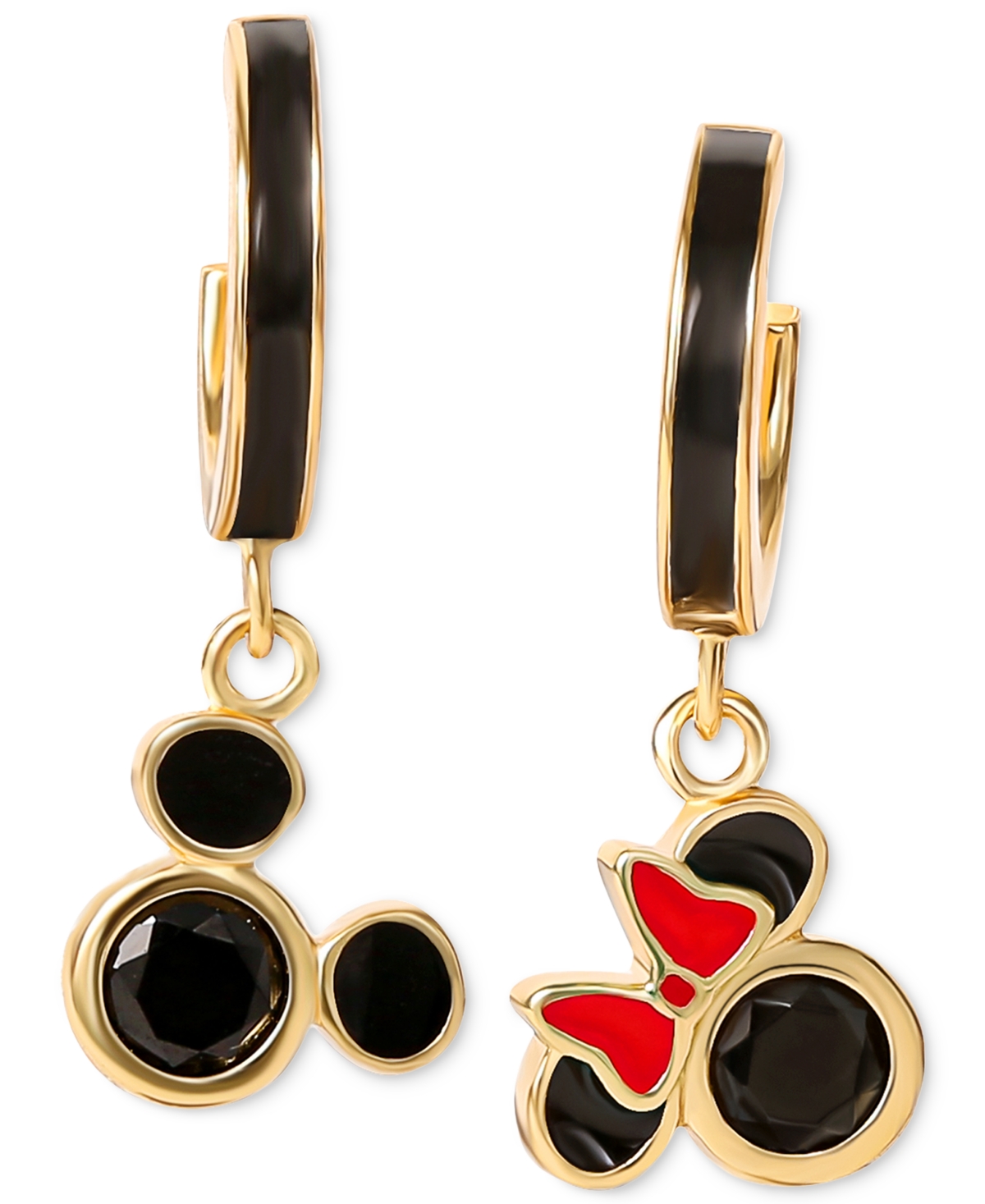 Disney Cubic Zirconia & Enamel Mickey & Minnie Mouse Dangle Mismatch Hoop Earrings In 18k Gold-plated Sterl In Gold Over Silver