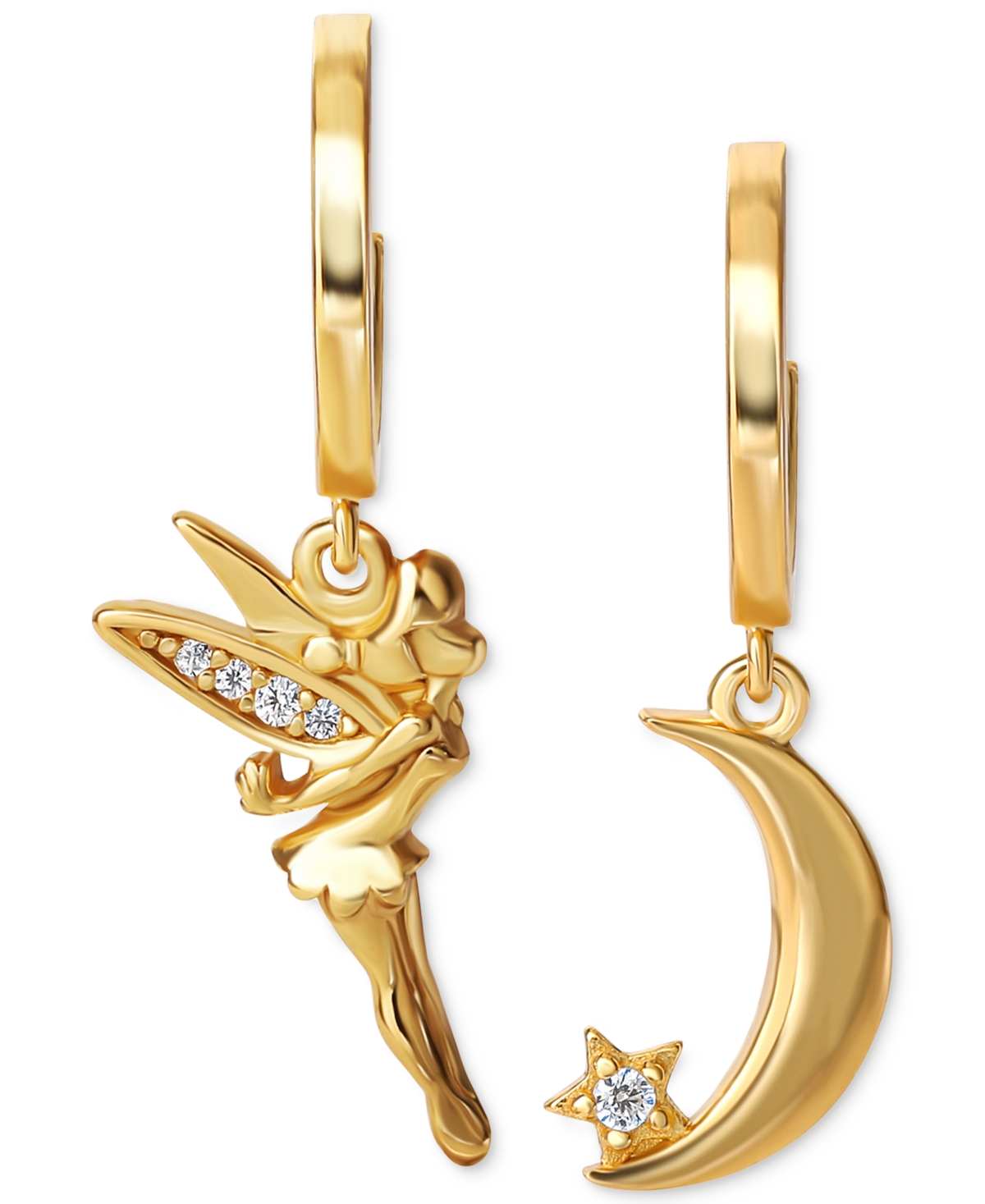 Disney Cubic Zirconia Tinkerbell & Moon Mismatch Dangle Hoop Earrings In 18k Gold-plated Sterling Silver In Gold Over Silver