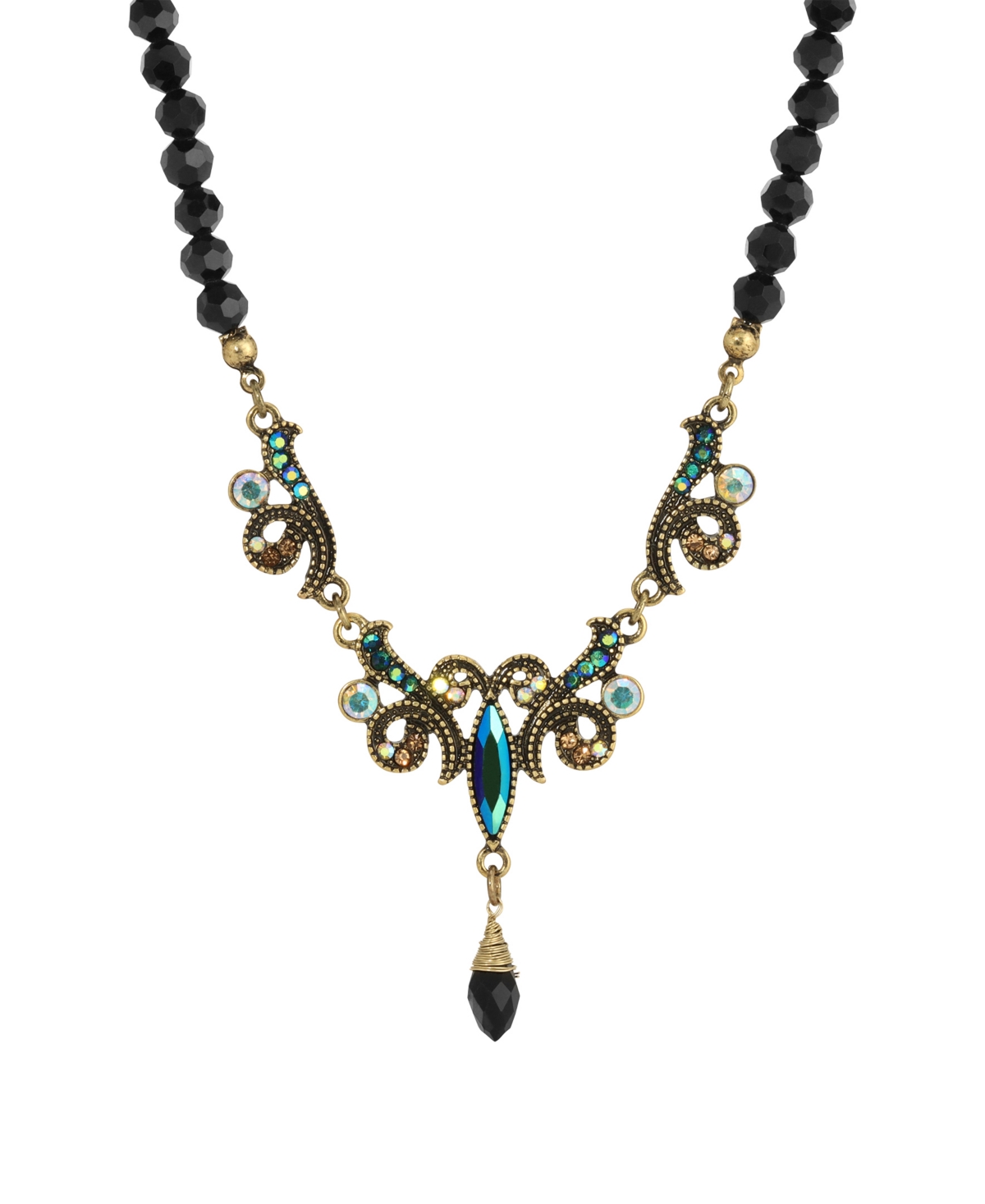 2028 Gold-tone Blue Iridescent Aurora Borealis Glass Stone And Jet Bead Necklace In Black