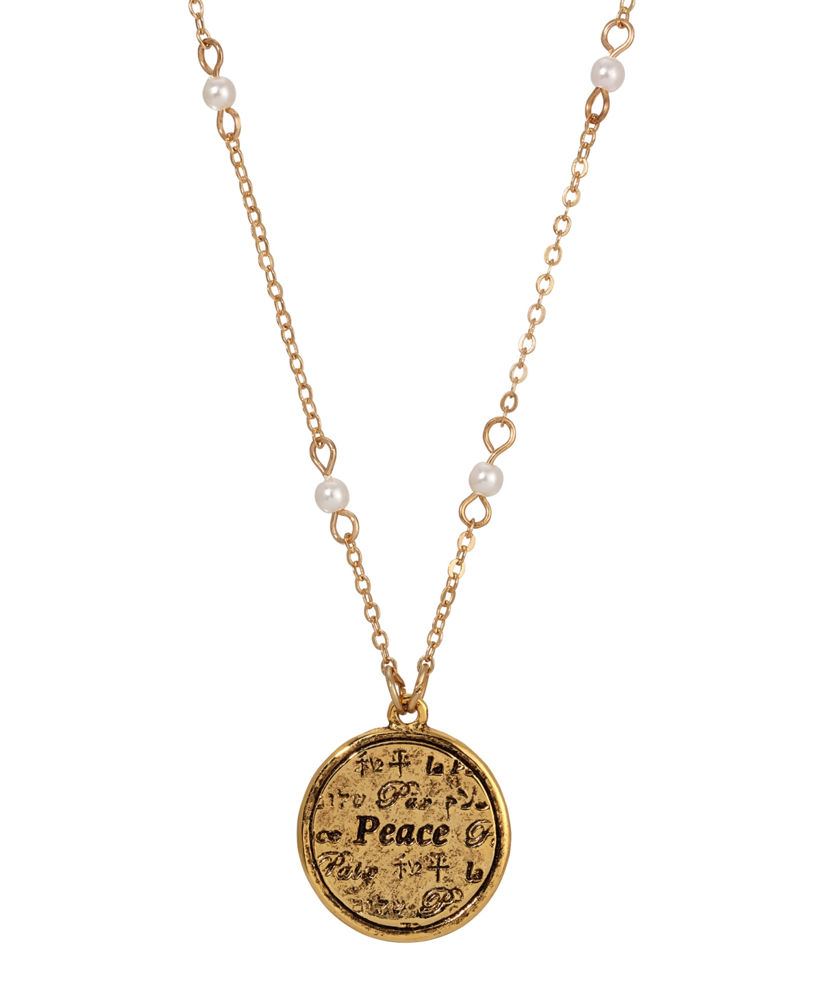 2028 Gold-tone And Imitation Pearl Multi Language Round Peace Medallion Necklace In White