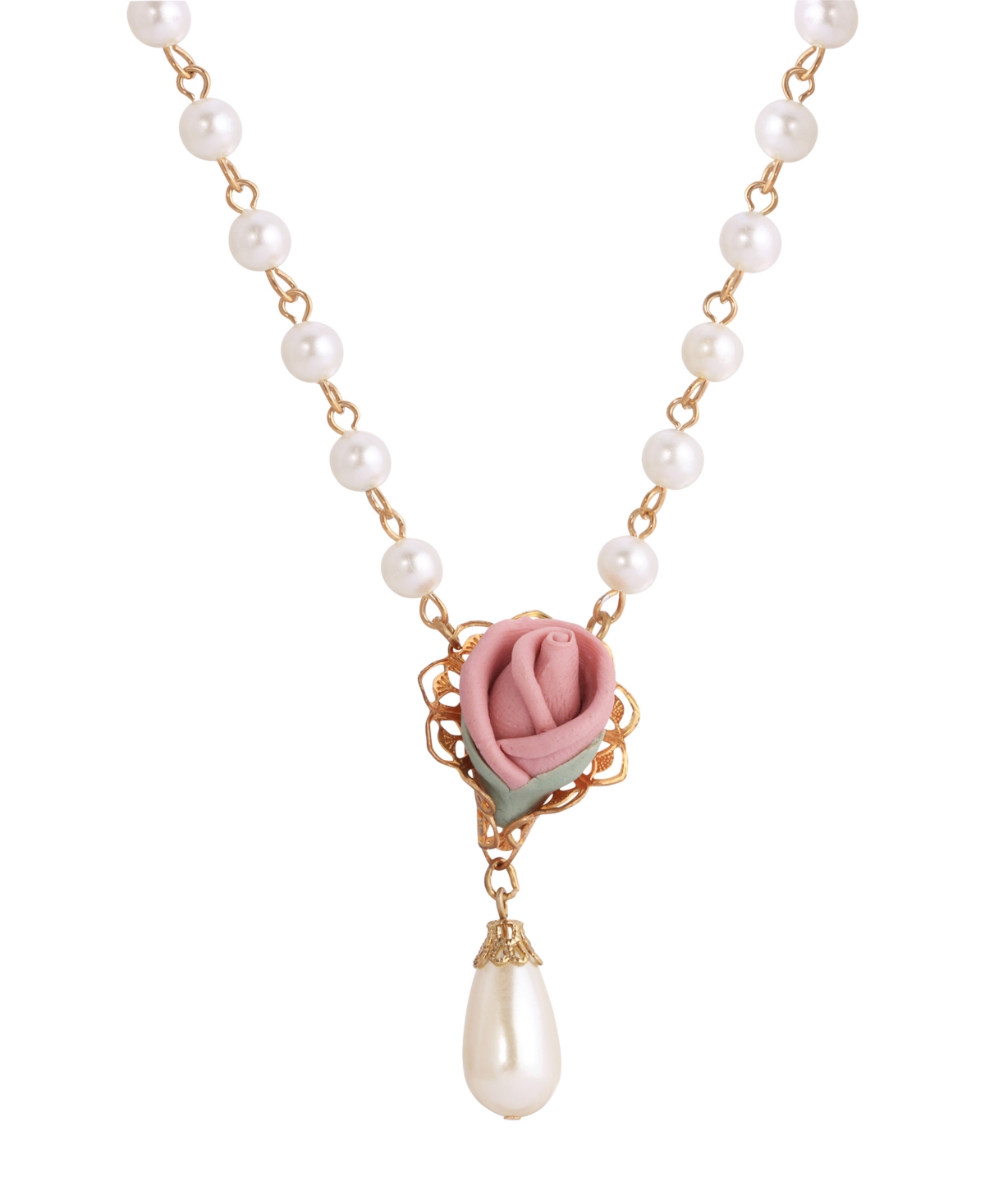 2028 Pink Flower With Imitation Pearl Drop Adjustable Necklace