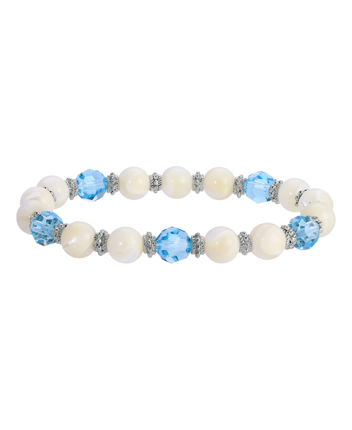 2028 Mother Of Imitation Pearl With Aqua Stone Stretch Bracelet In White
