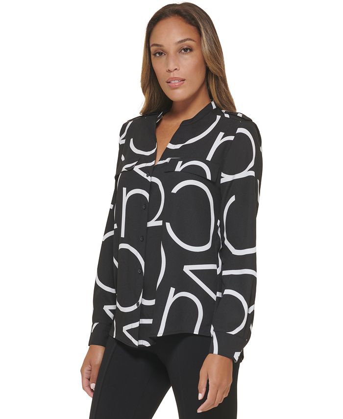 Calvin Klein Women's Long Sleeve Logo Button Front Blouse Black Size Large