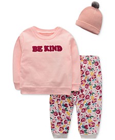 Baby Girls Long-Sleeve Graphic T-Shirt and Joggers with Knit Hat, 3-Piece Set
