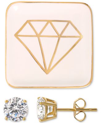 Giani Bernini - Cubic Zirconia Heart Solitaire Stud Earrings & Ceramic Trinket Dish