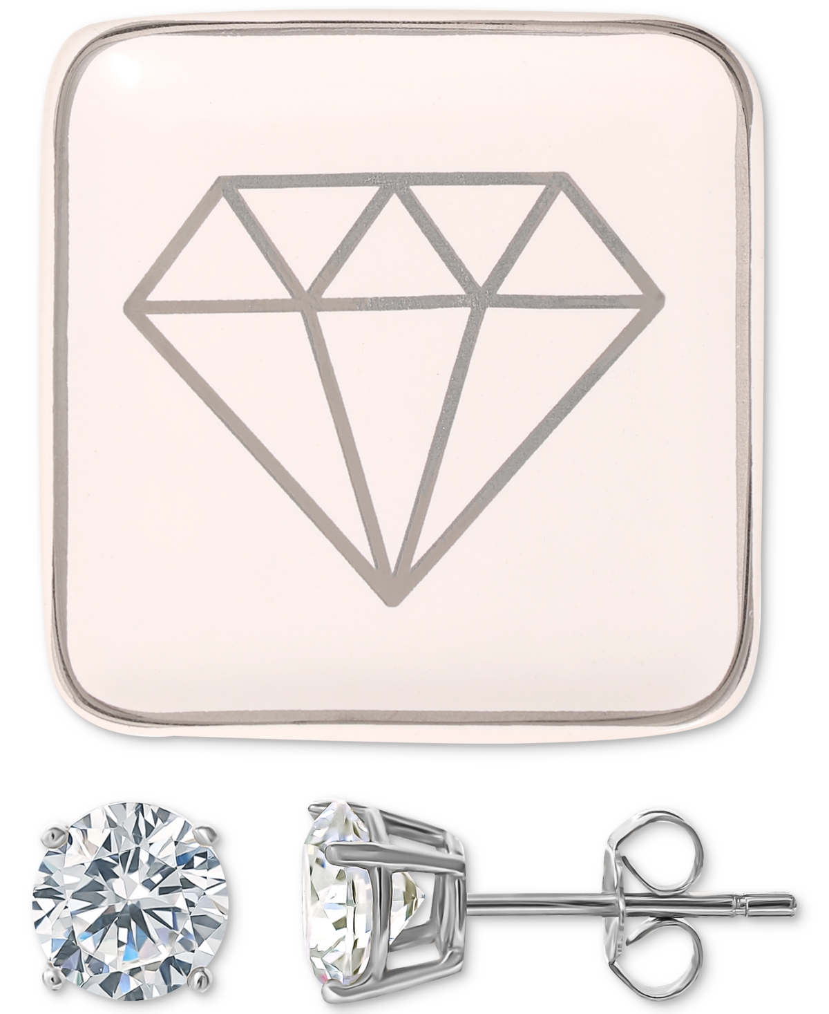 Cubic Zirconia Solitaire Stud Earrings & Ceramic Trinket Dish, Created for Macy's - Sterling Silver