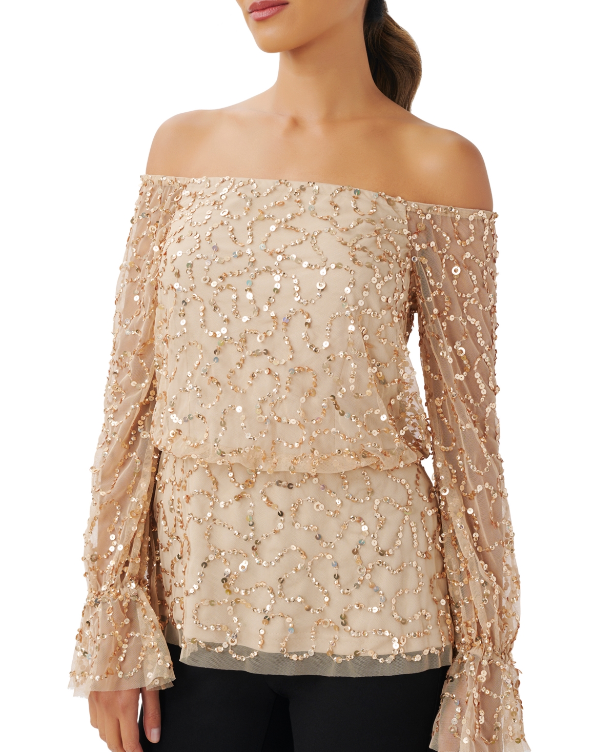  Adrianna Papell Women's Beaded Off-The-Shoulder Long-Sleeve Top